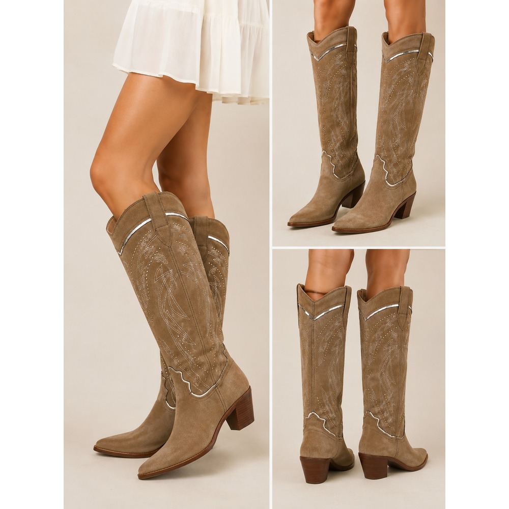 New Frye Sara Knee High Western Boots Women's 10 Tan Suede Pointed Toe
